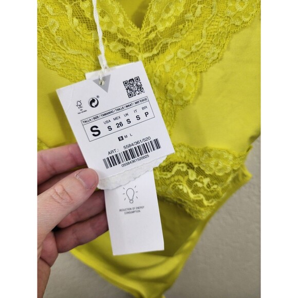 Nwt Zara Womens S Lace Trim Neon Yellow Bodysuit With Snap Closure - Picture 7 of 7